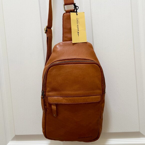 Marta Ponti Of Portugal Soft Washed Leather Sling Backpack Cognac Brown Bag NEW - Picture 4 of 16